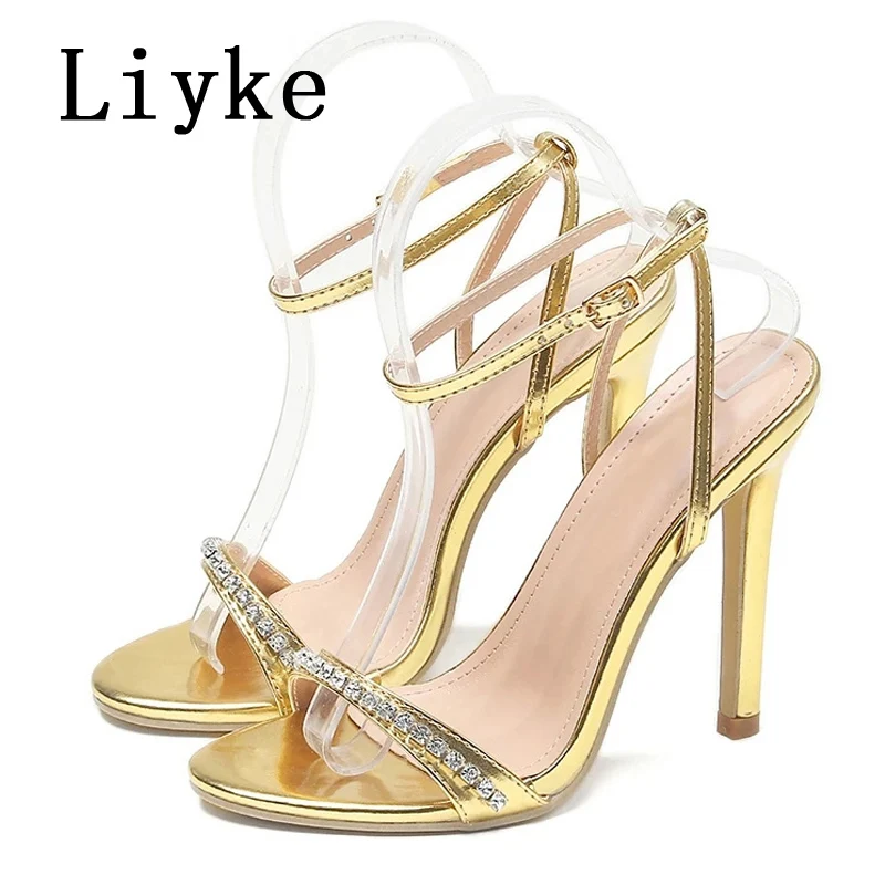 Liyke Gladiator donna Sexy 11CM sandali a spillo Crystal Narrow Band Open Toe Summer Silver tacchi alti Ladies Party Dress Shoes