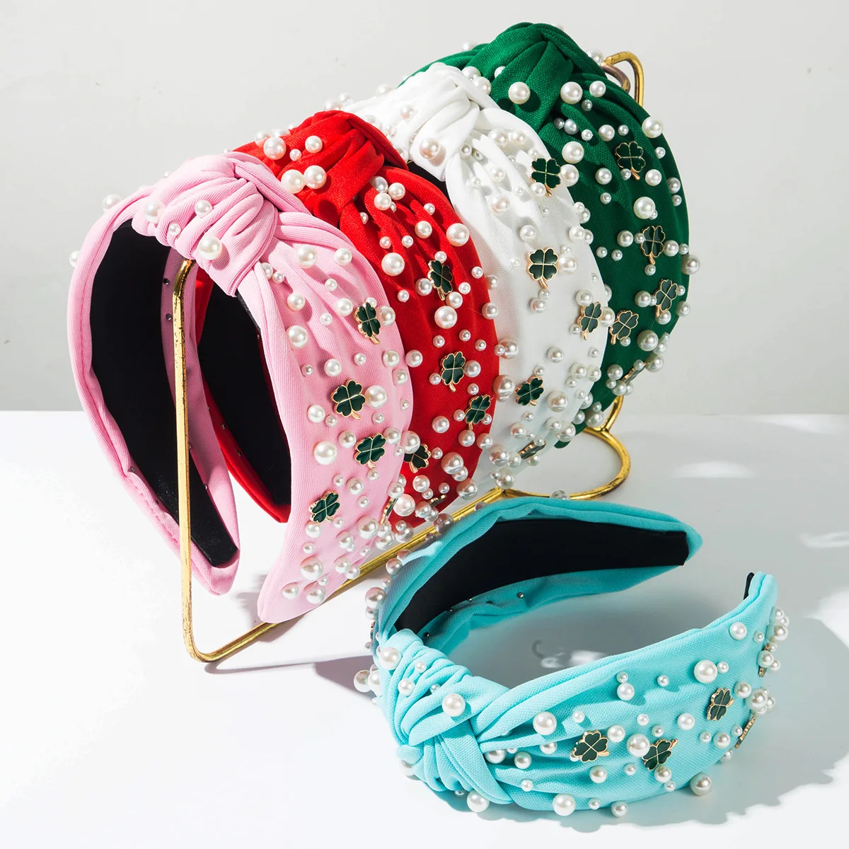 Four Leaf Clover Knotted Women Cotton Cloth Headbands Pearl Beading Soft Padded Hair Accessories Lucky Hair Decor Birthday Gift