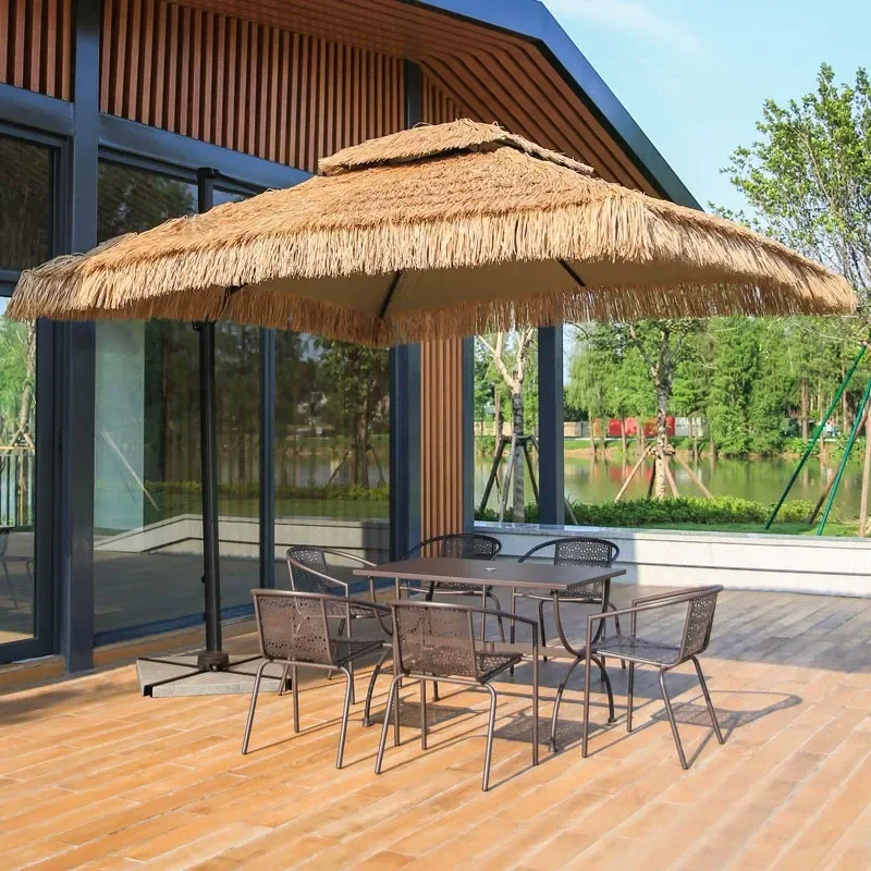 Parasol with Tilting Surface Multifunctional Garden Simulation Straw,Skirt Umbrellas Tropical Hawaiian Natural Color Round/