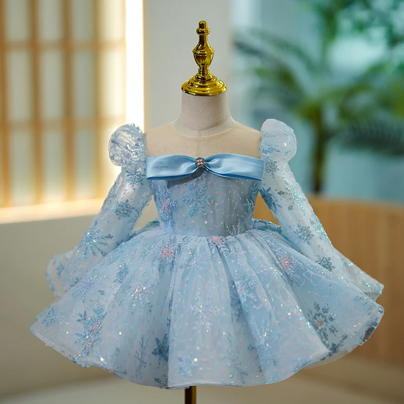 Children Eid Holidays Elegant Girls Blue Dress Birthday Party Evening Ball Gowns Formal Kids Luxury Pageant Gala Short Dresses