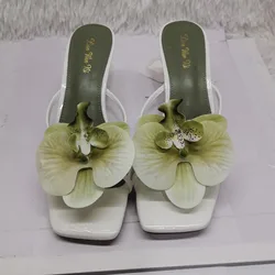 Butterfly Orchid Flowers Decor Women Dress High Heels Fashion Square Toe Thin Heel Slingback Pumps Ladies Flipflops Slippers