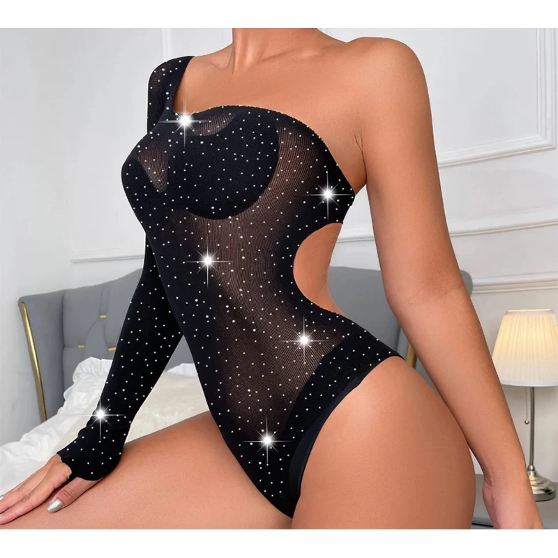セクシーなラインストーンワンショルダードレスボディスーツ女性ダイヤモンドワンピースダンスウェアランジェリー