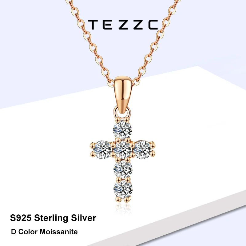 

Tezzc Classic Charm Cross Pendant Necklace for Women Men Full Moissanite with Certificate 100% 925 Sterling Silver Necklace Gift