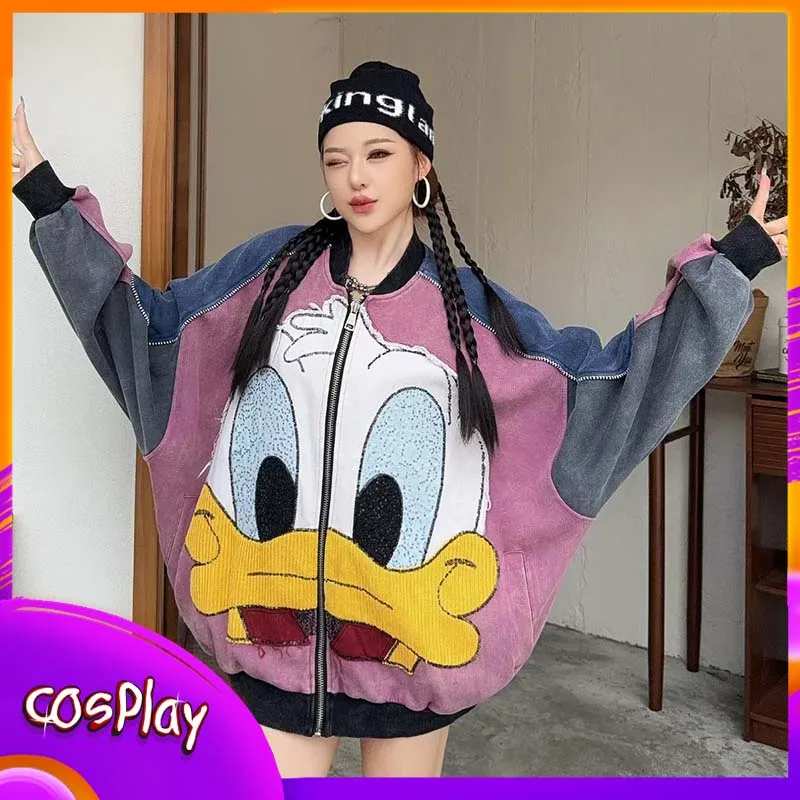 

Куртка с изображением Дональда Дака, милое пальто с вышивкой в ​​стиле Диснея, повседневный топ с длинными рукавами для женщин, модная свободная одежда, подарок для девочек