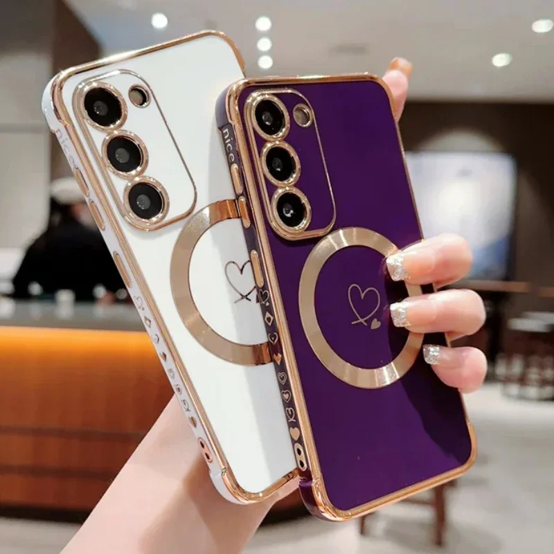 Plating Love Heart Magnetic Phone Case For Samsung Galaxy S24 S23 S22 S21 Plus Ultra S20 FE Shockproof For Magsafe Back Cover