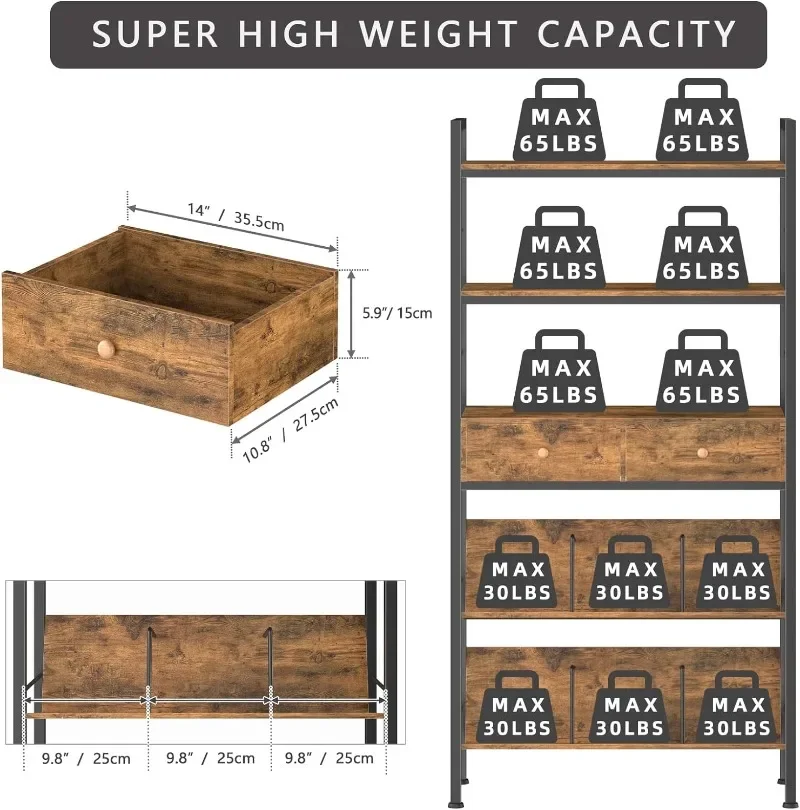 YAOHUOO Bookshelf with Drawers- Widen Industrial Book Shelf,5 Tiers Tall Storage Shelves, Steel Frame Display Rack