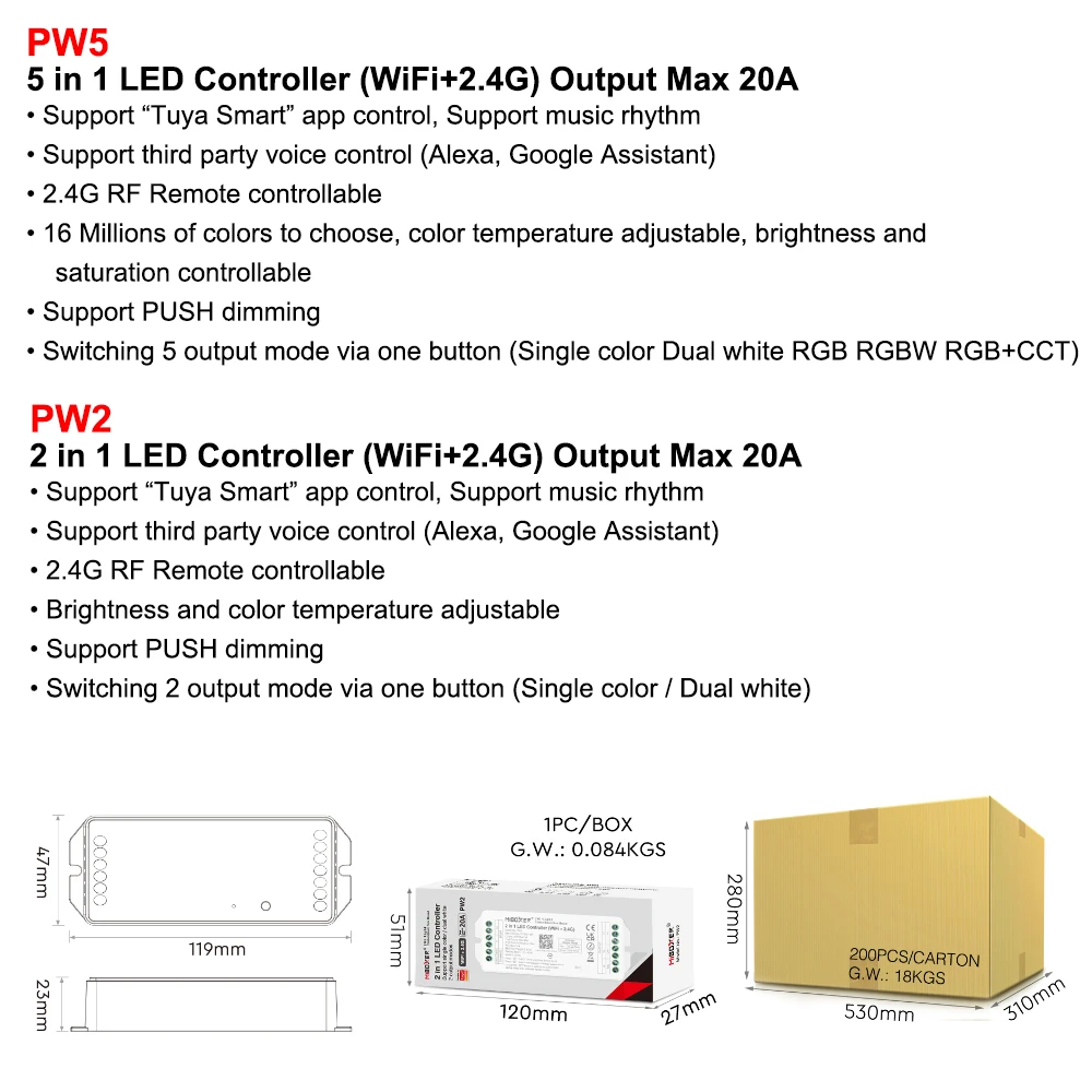 Miboxer PW2 2IN1 PW5 5IN1WIFI + 2.4G RF LED Controller Output Max 20A For Single Color/Dual White/RGB/RGBW/RGB+CCT Led Strip