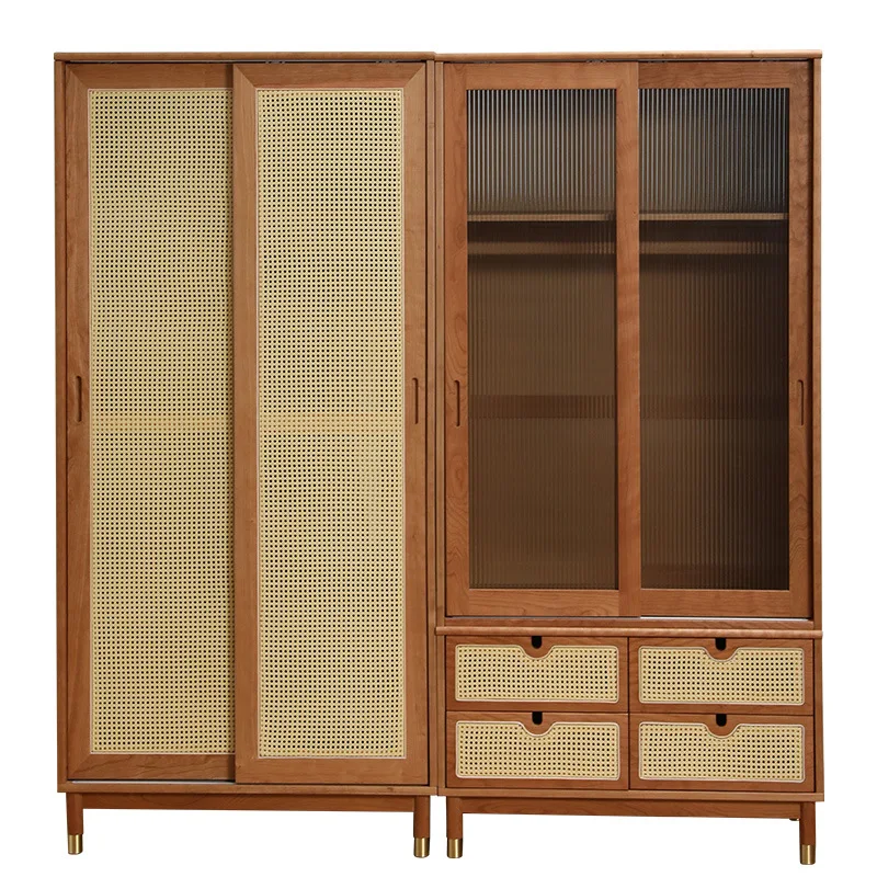 sliding door wardrobe, small apartment homestay, rattan wardrobe, cherry wood storage cabinet