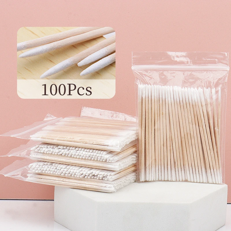 100pcs Wood Cotton Swab Eyelash Extension Tools Medical Ear Care Cleaning Wood Sticks Cosmetic Cotton Swab Cotton Buds Tip