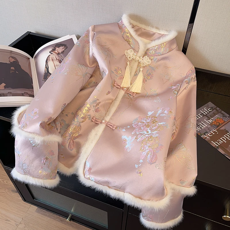 

Pink Chinese Style Cotton Jacket Women's Winter Fleece Lined Short Embroidered Marriage Ceremony Coat Button down