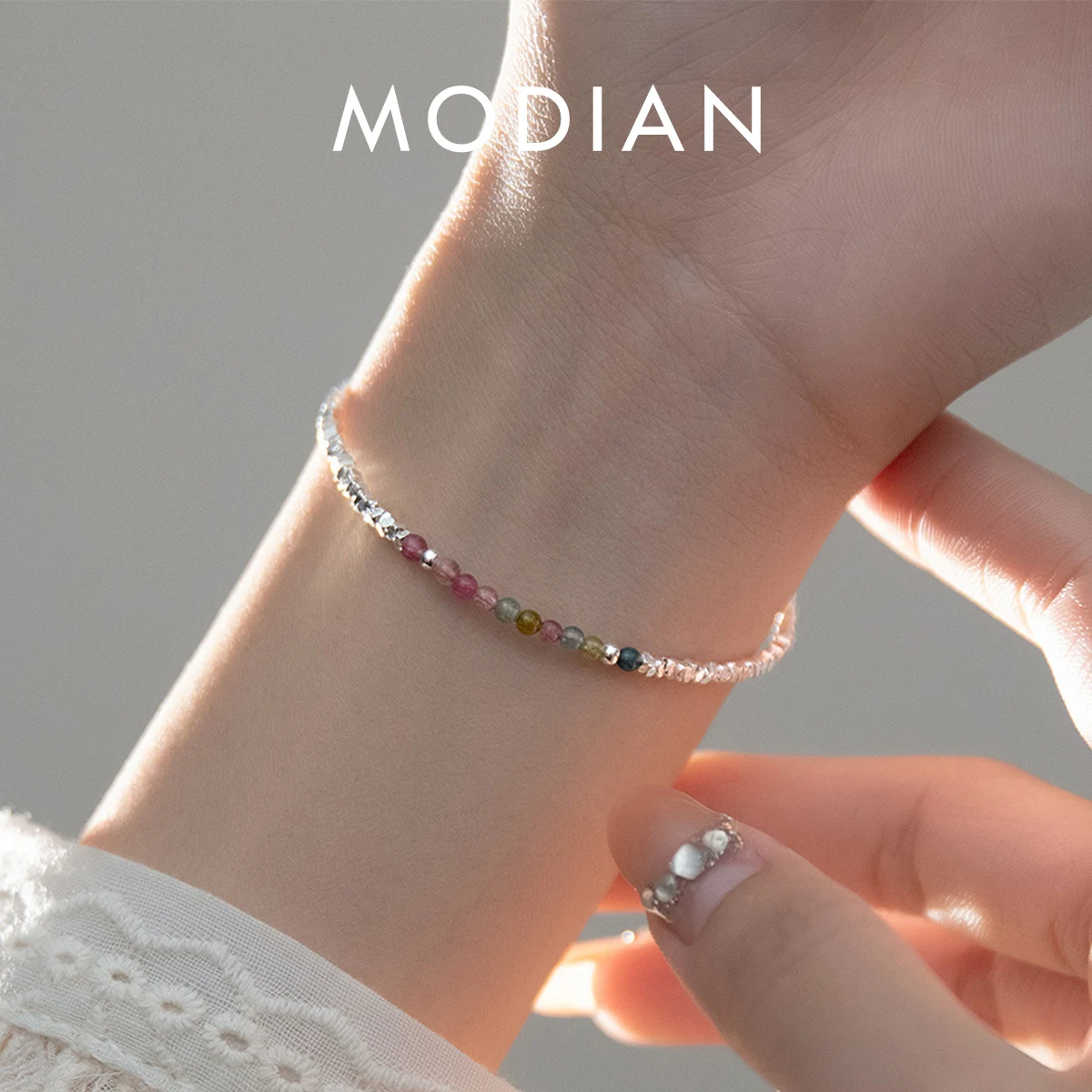 

MODIAN 925 Sterling Silver Natural Colorful Beads Tourmaline Charm Bracelet Sweet Stackable Link Chain For Women Girls Jewelry