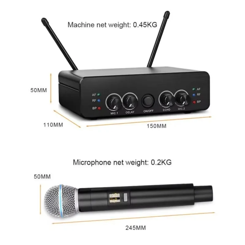Professional Long Range Handheld UHF Handheld Wireless Dynamic Microphone 2 Channel Mic