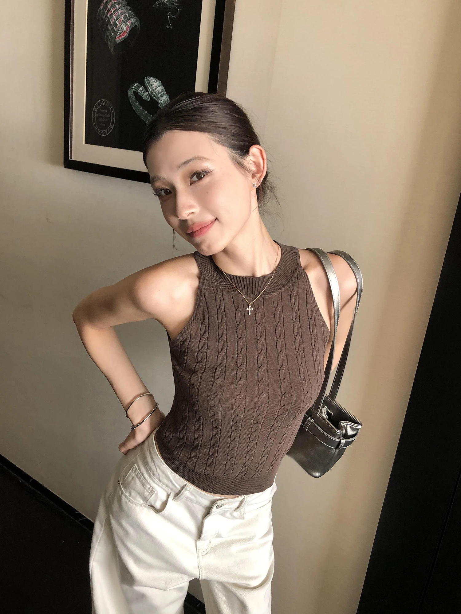 

ChenMiFan Paris Wed Women's Knitted Silk Strap Vest Cool oulder Hole Design Svel Summer Outerwear Straight Cut