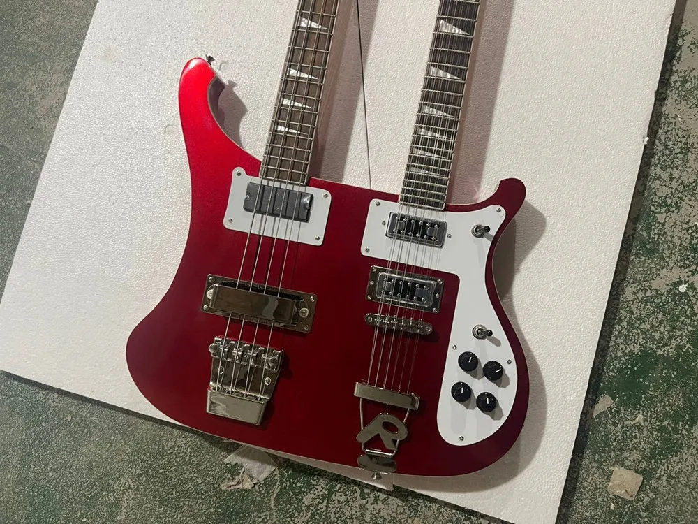 Double neck Red body Electric Bass Guitar with White Pickguard,Chrome Hardware,Provide custom service