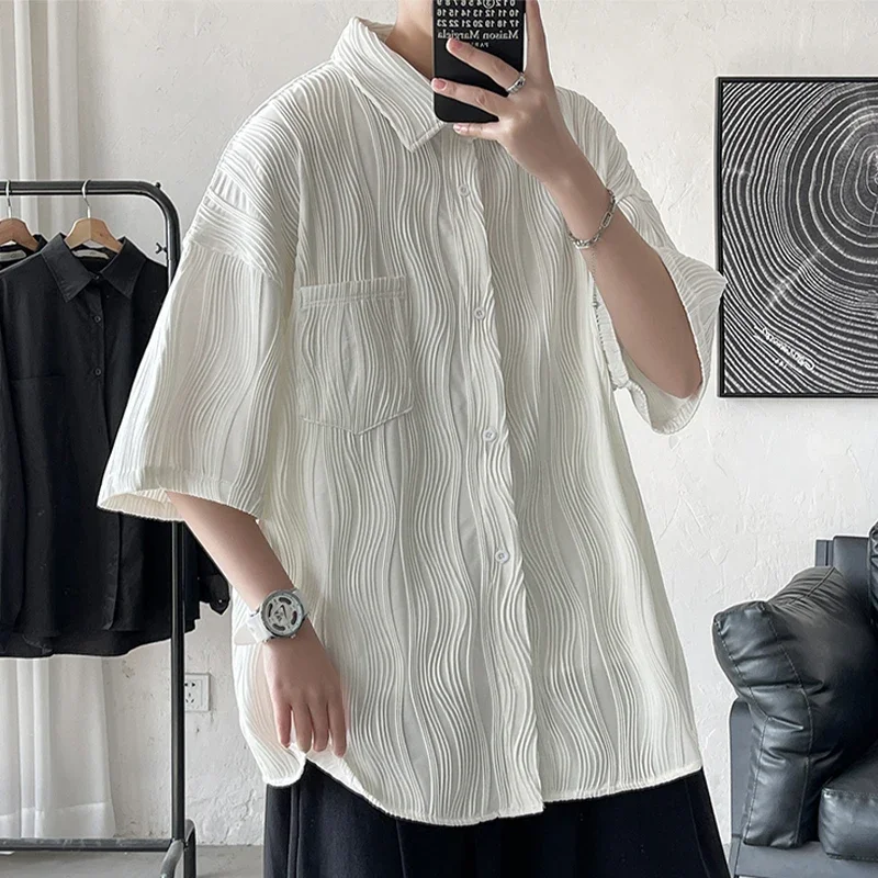 Told Tale Men's Wavy Grain Pleated Blouse Lapel Short Sleeve Streetwear Casual Male Loose Leisure Solid Shirts Men Clothing