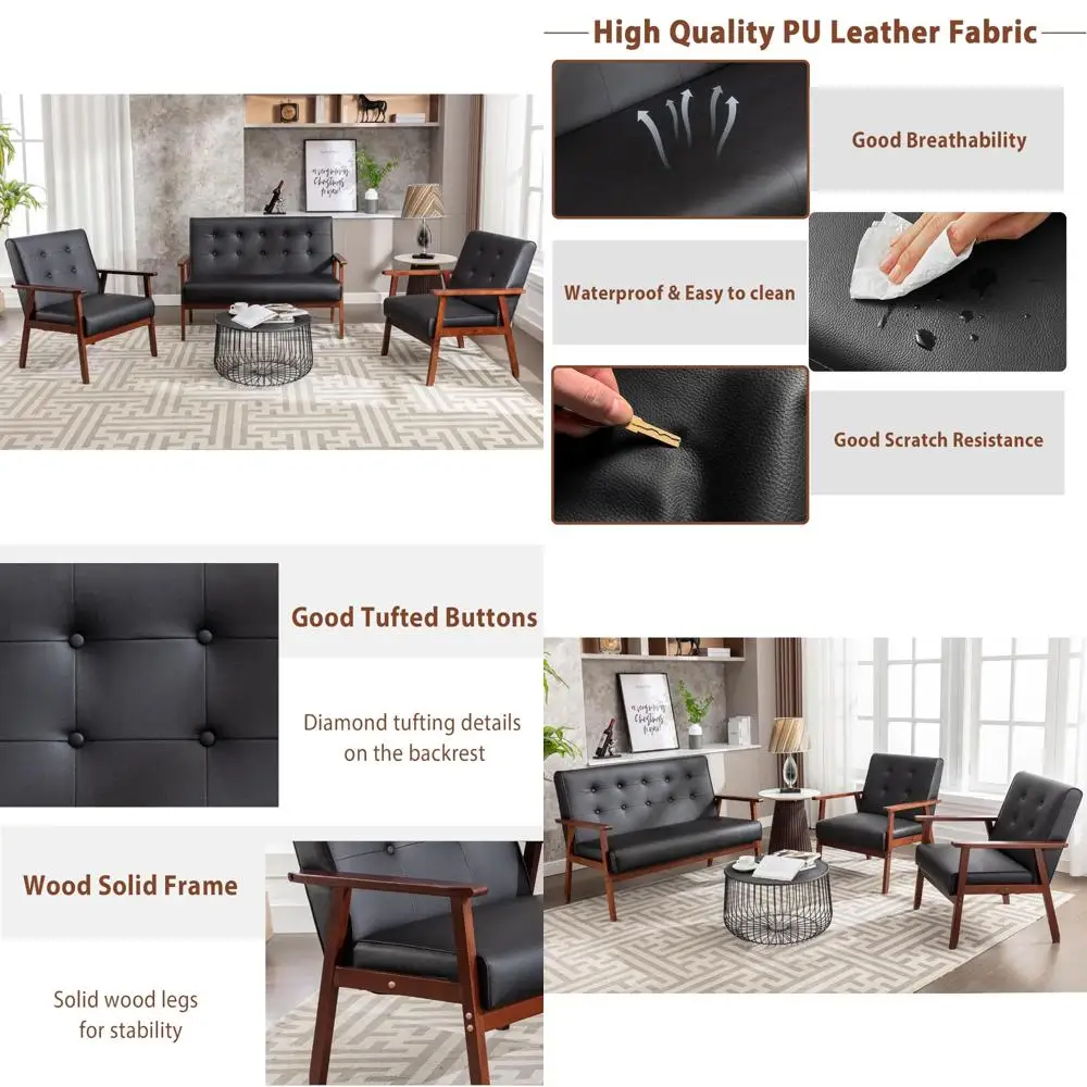

Mid Century Modern Loveseat Sofa and 2 Accent Chairs Set, Wood Arm Couch and Chair for Living Room Furniture