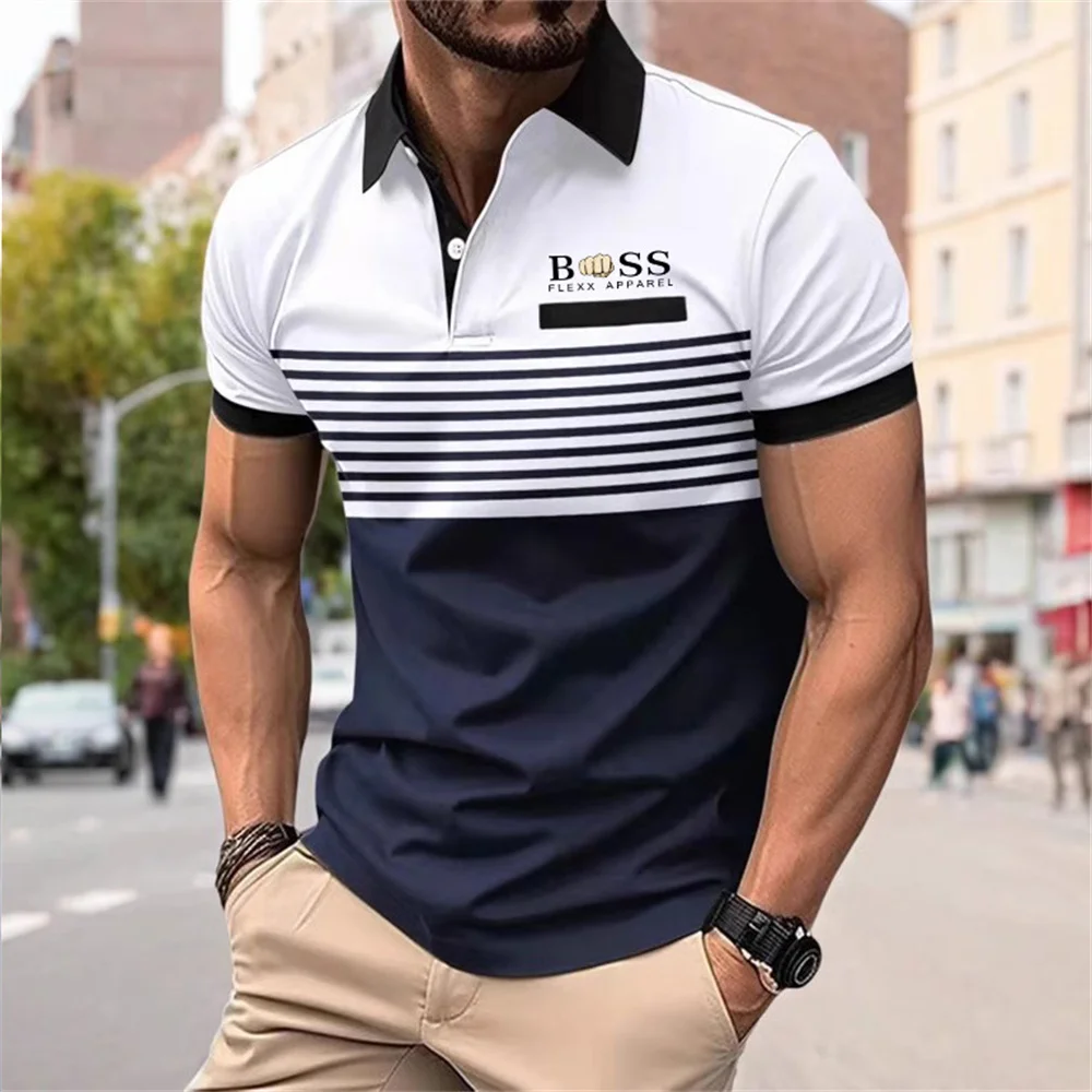 

Hot men's fashion summer street clothing polo shirt top striped casual lapel crisp and comfortable men's T-shirt