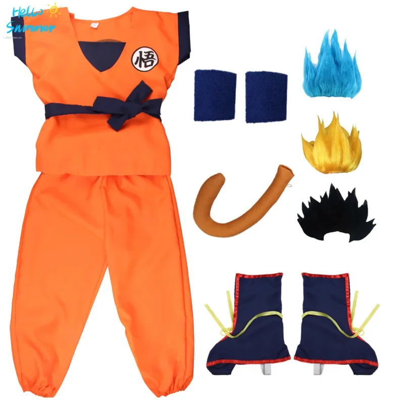 2025 Nuovi abiti per adulti per bambini di Halloween Son Goku Cosplay Anime Supereroi Tuta Costume per capelli neri Dress Up ★ ☆ ★