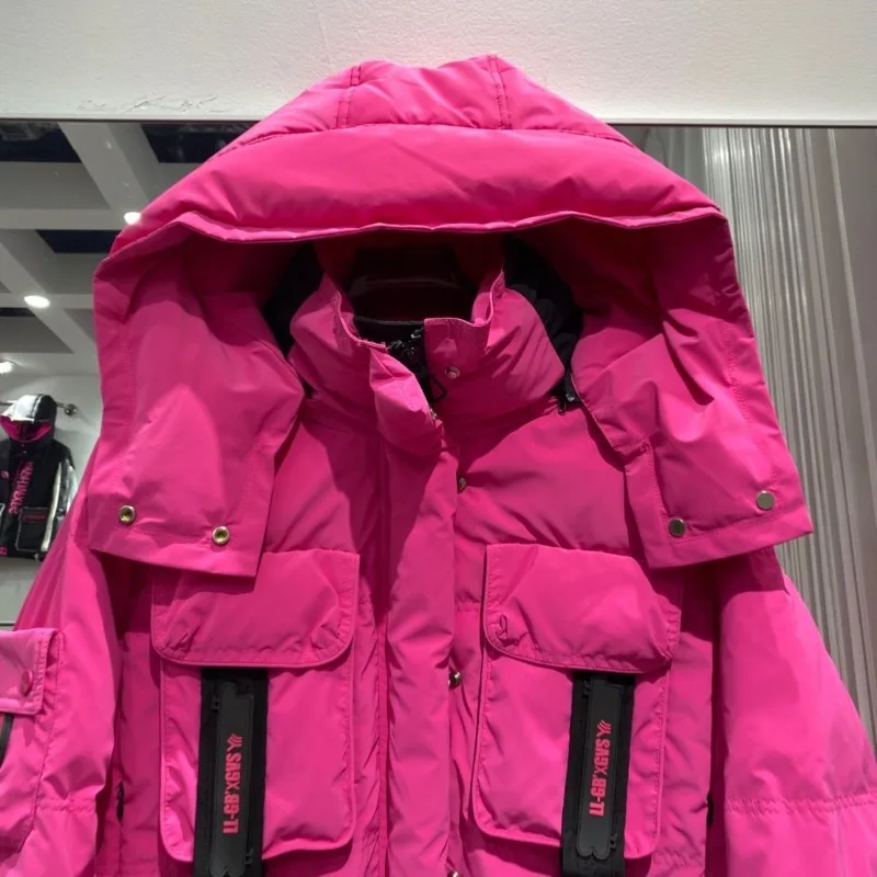 2025 nova jaqueta feminina curta cor contrastante com capuz engrossado jaqueta quente moda na moda emenda superior esportes casuais