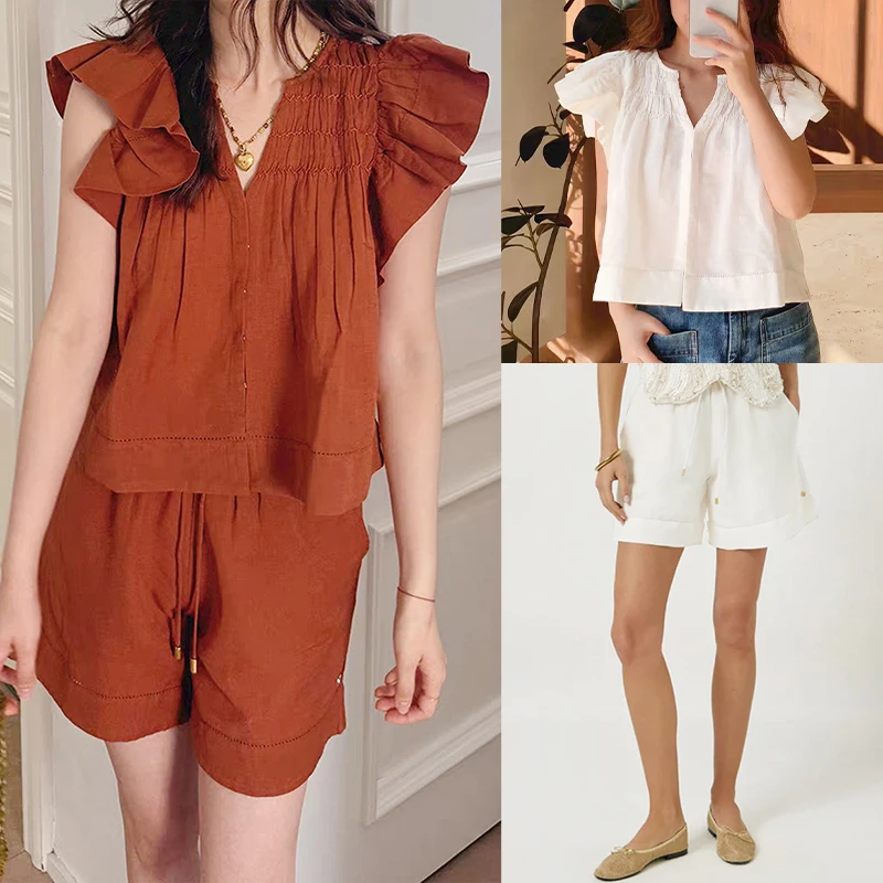 

French Sle Cotton Linen Loose Top orts Set Women's Faion Spring Summer Gauze Ruffle Sve Pure Color V Ne irt