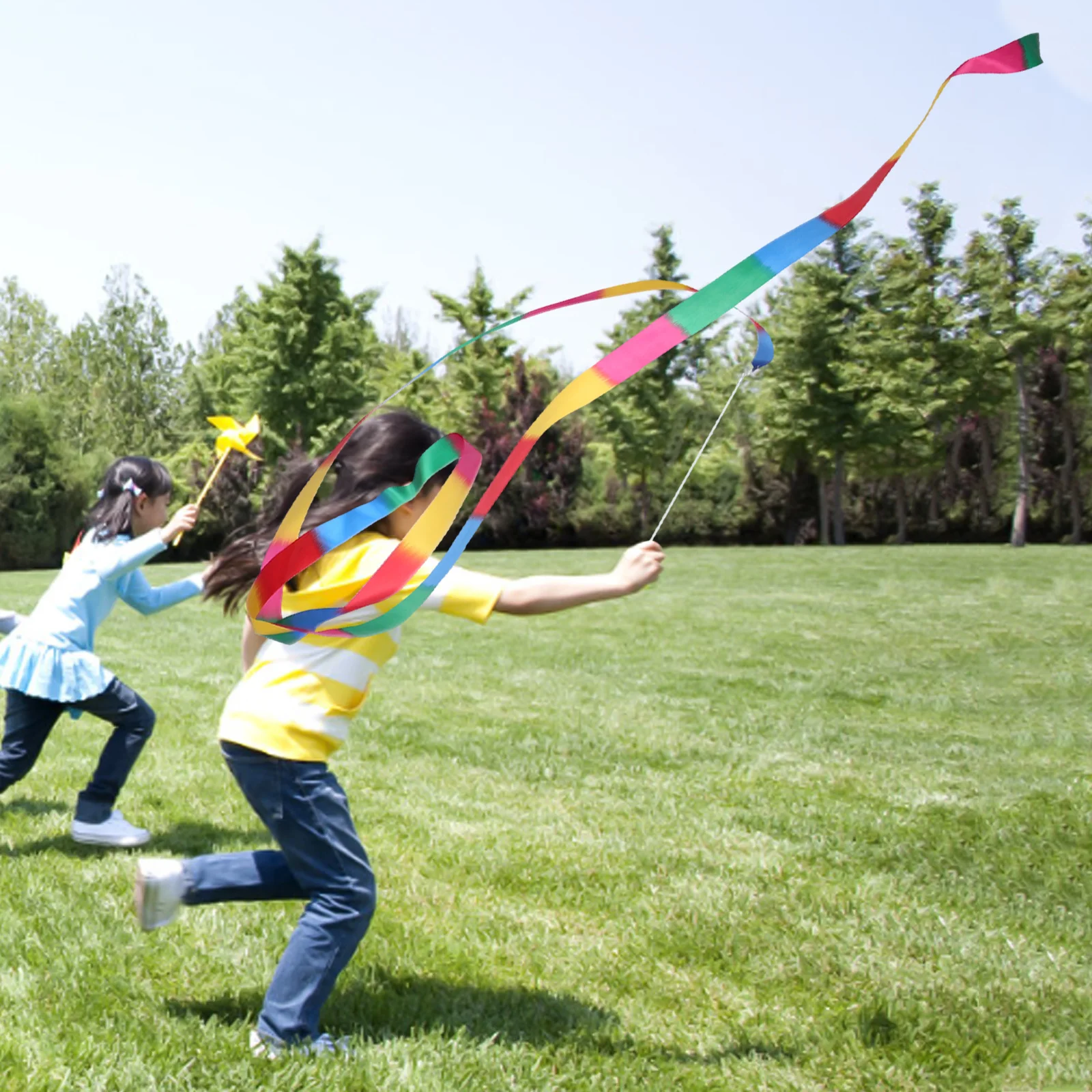 5 szt. Artystycznych Wstążek Gimnastycznych z Pałeczką, Tęczowe Wstążki Taneczne, Lekkie Streamery do Baletu, Tańca Rytmicznego, na Imprezę