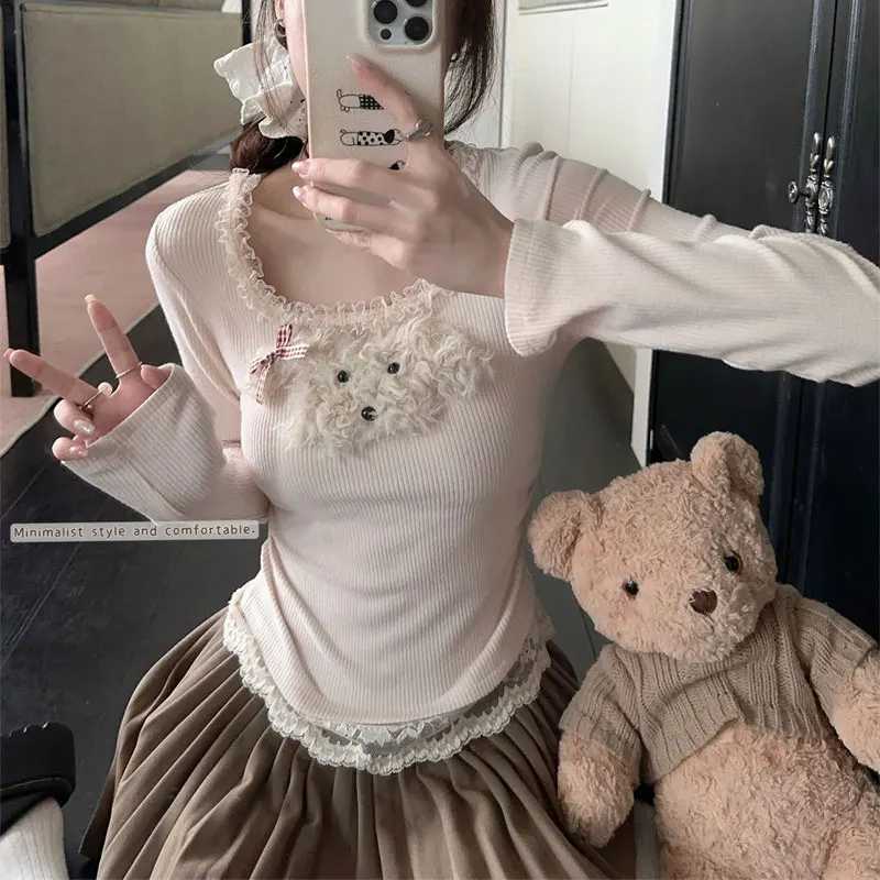 Sweet Lace Spliced Slim T-shirt Women's Clothing Chic Cartoon Puppy Spring Autumn Long Sleeve Hotsweet Square Collar Pullovers