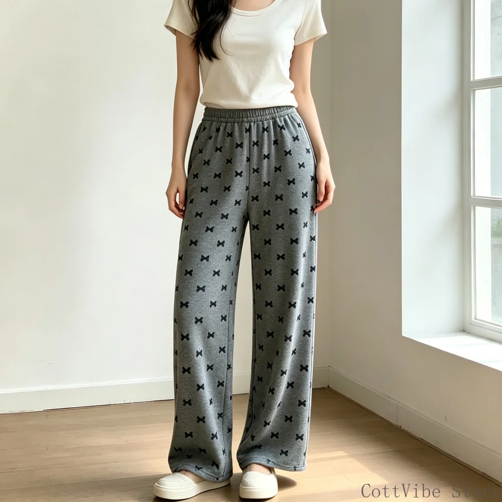 Women Autumn Winter Dralon Fleece Warm Long Loungewear Pants Cute Y2K Print Gray Loose Pajama Trousers Wear-Outside Sweatpants