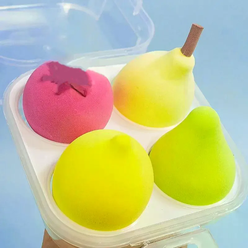 Conjunto de esponjas de maquiagem com 4 peças/caixa, formato de frutas, para base, creme, corretivo, pó, maquiagem facial, ferramentas de beleza, pera