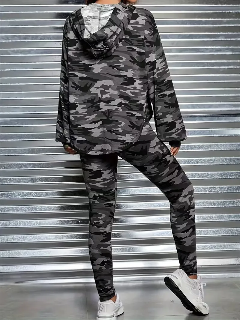 Damen Camouflage-Print Kapuzen-Trainingsanzug, Oversize Langarm-Hoodie, Jogginghose mit Bündchen, Lässige Loungewear, Zweiteiliges Outfit-Set – Detail 7