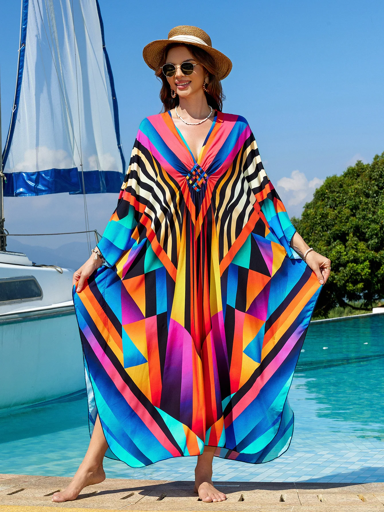 

Kaftan Summer Dresses for Women Beach Cover Ups Geometric Zebra Printed Hand Knitting Beach Vacation Clothes Factory Supply