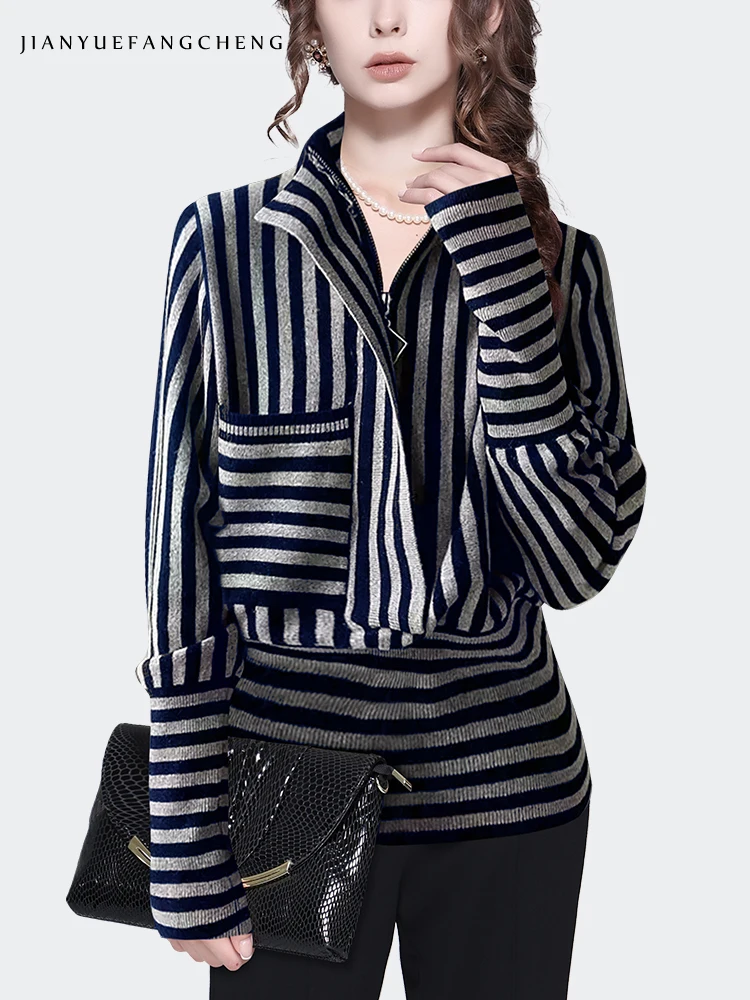 Fashion horizontal-perpendicular Black-white Striped Women Knitted Shirt Long Sleeve Stretching Pull-On Tops Outwear Sweaters