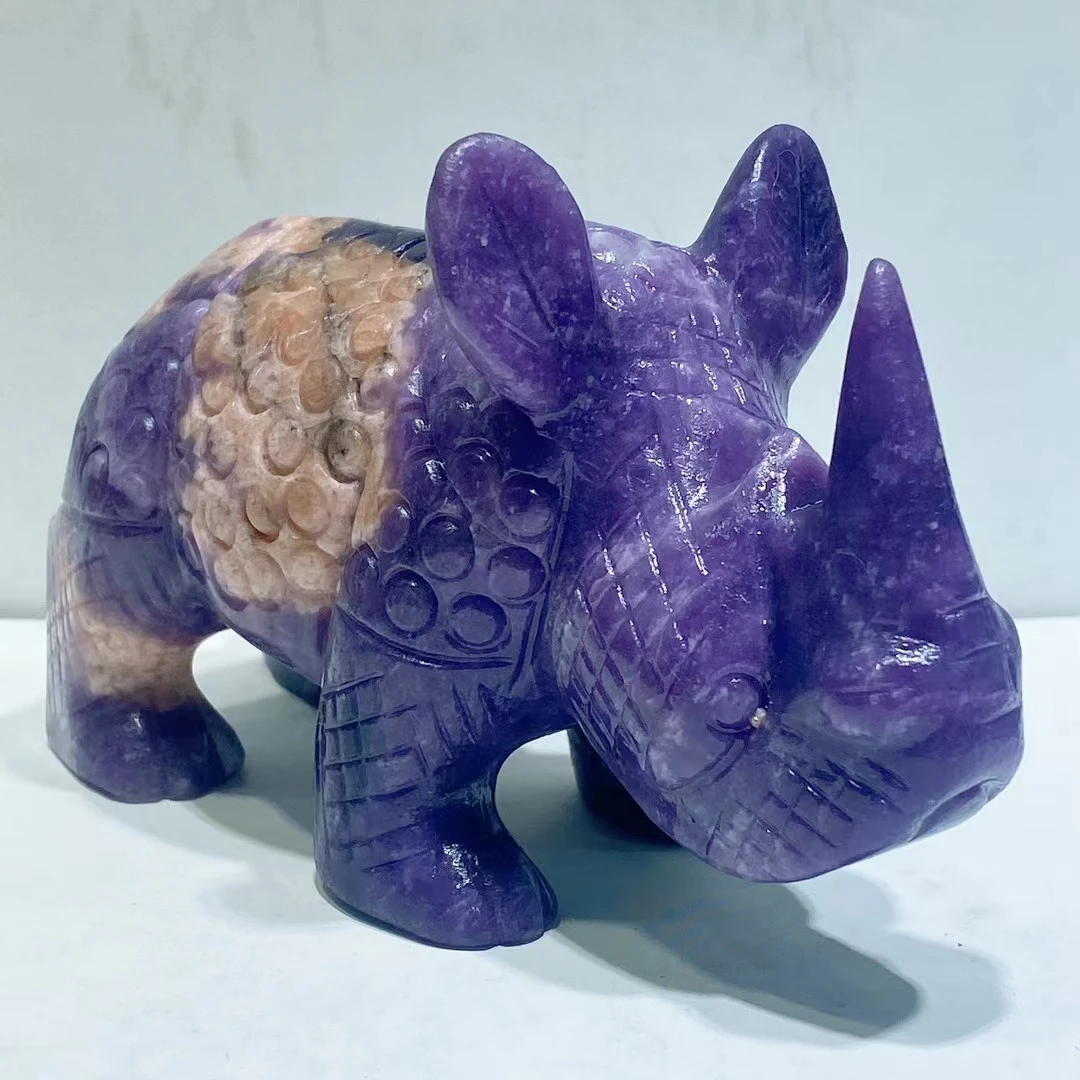 130mm Natural Lepidolite Crystal Rhinoceros Carving Quartz Healing Animals Statue Gemstone Crafts For Home Room Decoration 1pcs