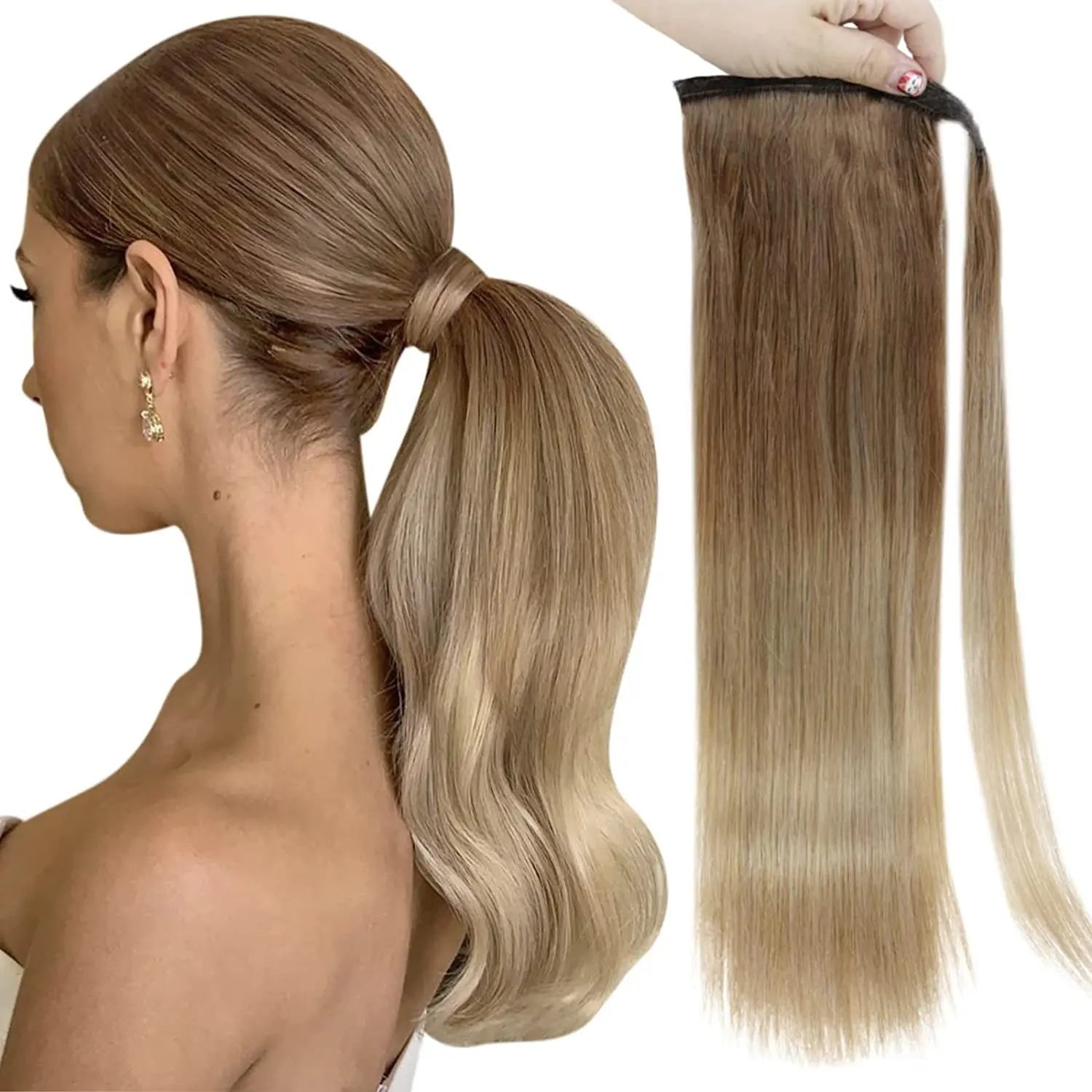 RealBeauty Clip in Ponytail Hair Extensions Brazilian Straight Real Human Hair Wrap Around Ponytail Hair Pieces Hightlight Soft