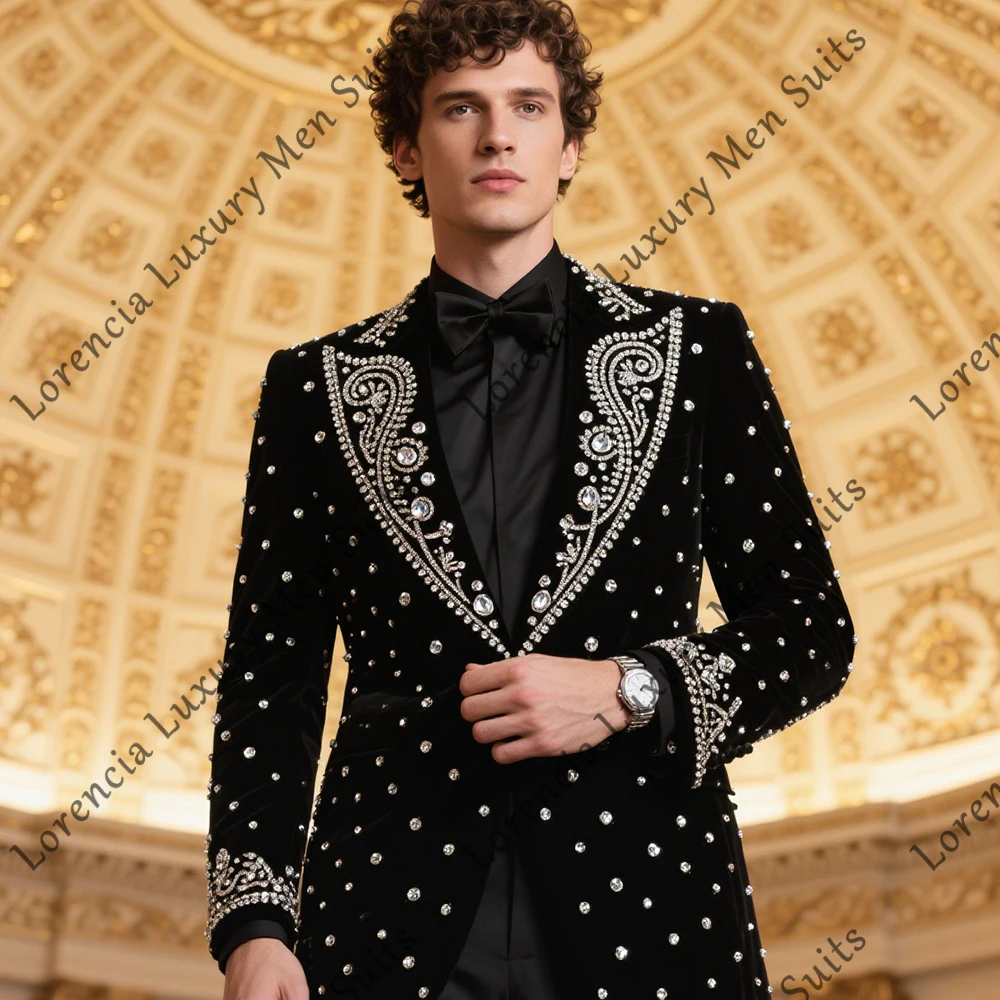 

Luxury Rhinestone Suits for Men 2 Piece Sparkling Crystal Wedding Tuxedos Groom Outfits Customized Blazer Pants zomerset heren