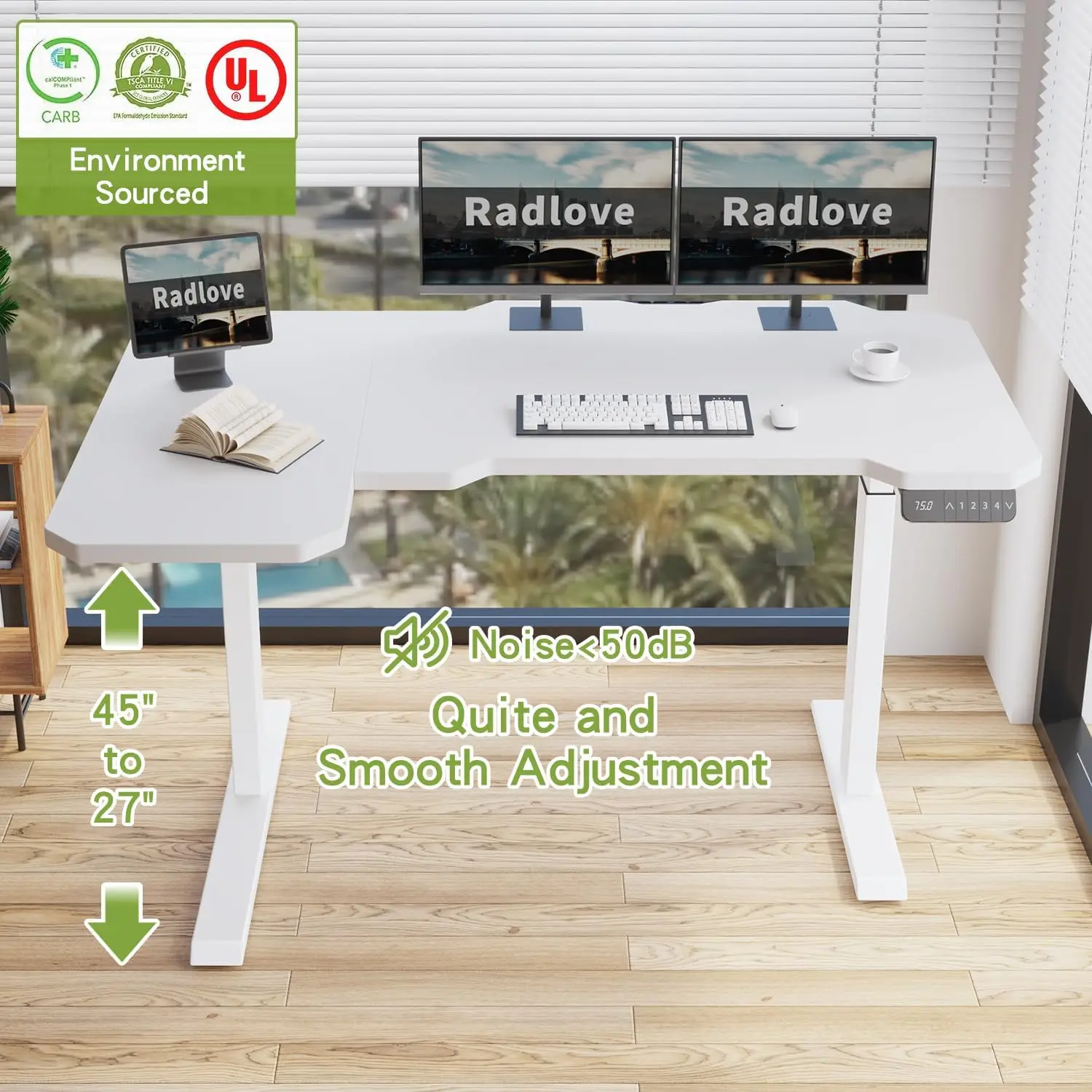 Radlove Dual Motors Height Adjustable 59'' L Shaped Electric Standing Desk With Curved Design Stand Up Table 4 Memory Keys,