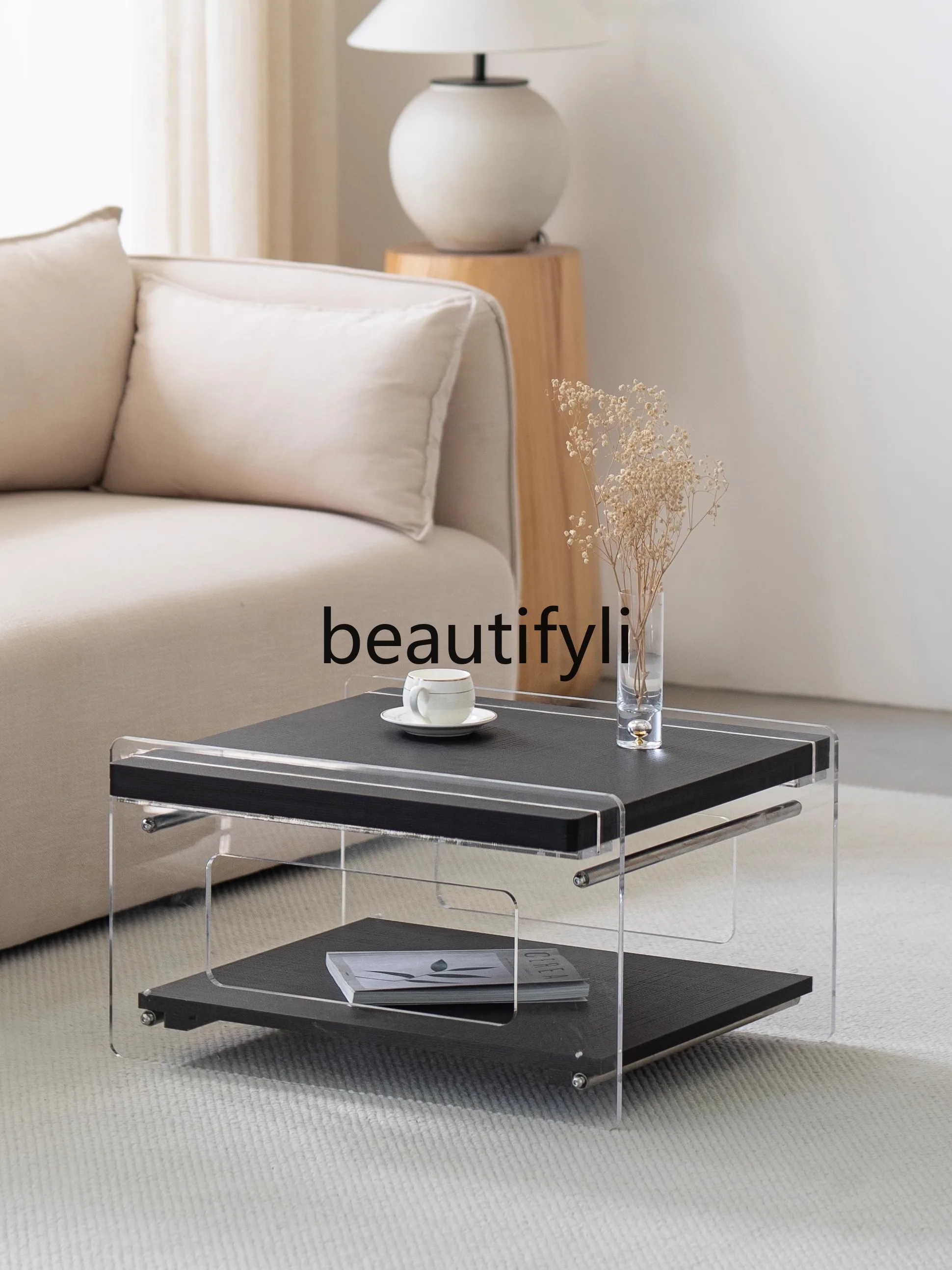 

Italian minimalist coffee table antique cream style acrylic edge rock slab marble living room tea table