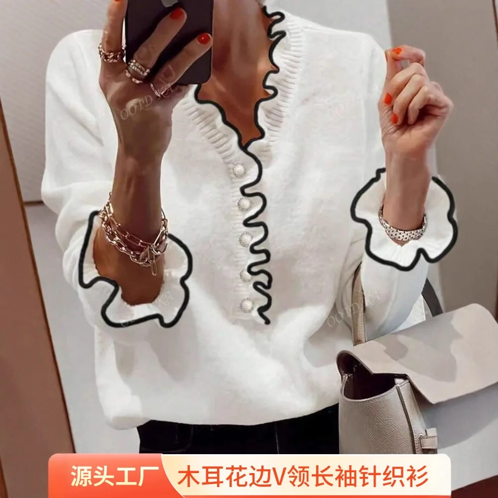 

Women's Autumn New Fashion Ruffled Design Long Sleeve V-Neck Versatile Top European American Style Luxury Casual Office Knit Top