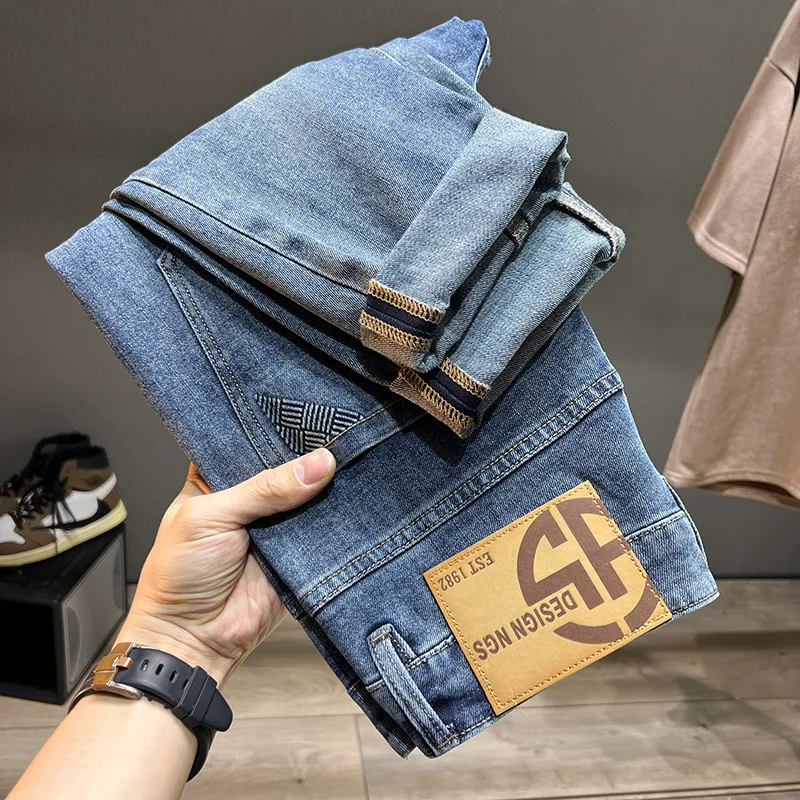 Summer Blue Men'S Jeans Fashion Brand Loose Nine-Point Pants Trend Plankton Handsome Ripped Casual Straight Leg Men'S Pants