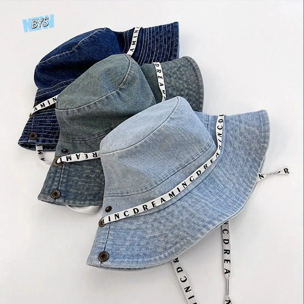 

Sweet Big Brimmed Denim Bucket Hat Letter With Tie Belt Jeans Fisherman Hat Korean Style Wide Wings Sunscreen Hat Outdoor