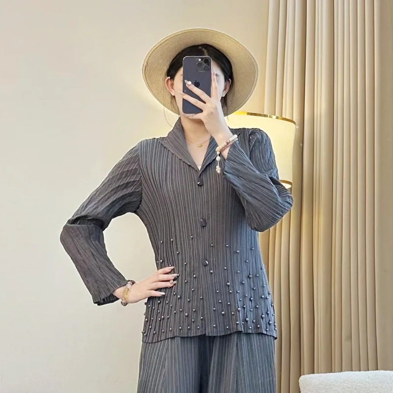 미야케 플리츠 팬츠 세트 여성용 2025 가을 얇은 루즈핏 블라우스 자외선 차단 아우터 가디건 플리츠 재킷 + 와이드 레그 팬츠