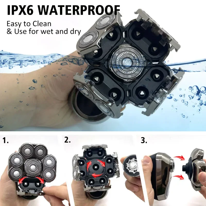 ماكينة حلاقة كهربائية عائمة 9D للرجال برأس أصلع IPX7 ماكينة حلاقة كهربائية مقاومة للماء ماكينة حلاقة رطبة/جافة مع مجموعة أدوات للعناية الشخصية مع شاشة LED