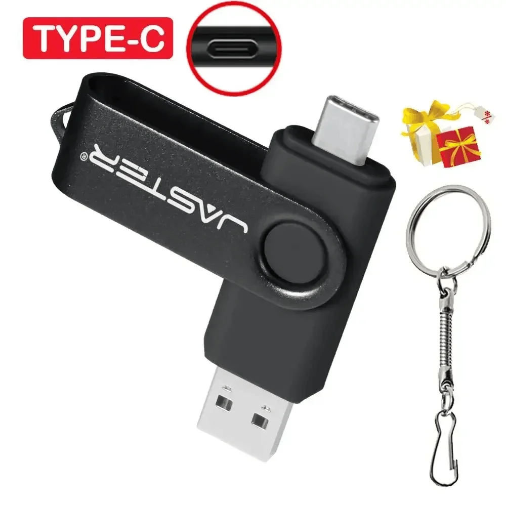 Jaster TYPE-C High Speed Usb Flash Drive 128Gb 64Gb Zwart Draaibare Pen Drive Met Sleutelhanger Geheugenstick 2 In 1 Relatiegeschenk