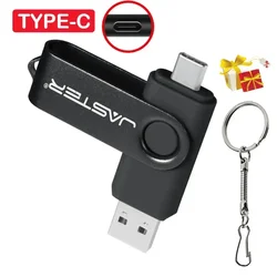 JASTER TYPE-C High Speed USB Flash Drive 128GB 64GB Black Rotatable Pen Drive with Keychain Memory Stick 2 in 1 Business Gift