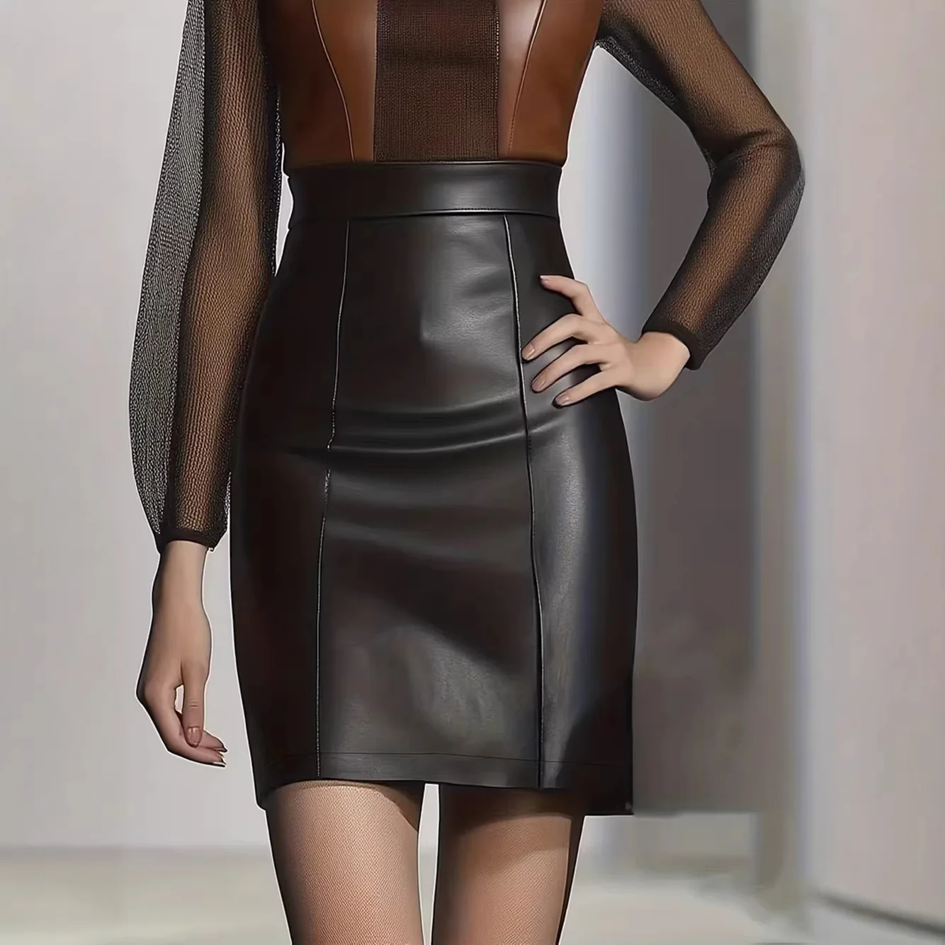 

Новая женская черная юбка-карандаш из искусственной кожи с высокой талией 2026 года