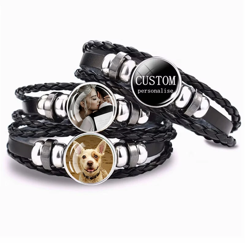 

Черный кожаный браслет с фото на заказ для мужчин и женщин, плетеный кожаный браслет с кнопками-застежками в стиле стимпанк, индивидуальный подарок для друга