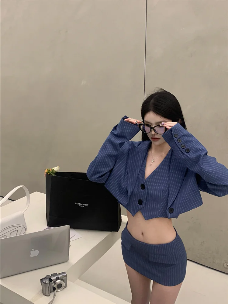 Autumn Striped Retro 3 Piece Set Women Preppy Style Sexy Elegant Mini Skirt Suit Female Long Sleeve Korean Style Casual Set 2023