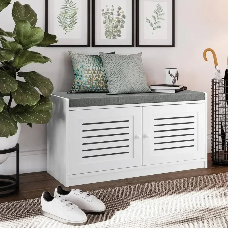 

-Modern Wooden Shoe Storage Bench Organizer With Cushioned Seat And Adjustable Shelves For Entryway,Living Room,and Bedroom,