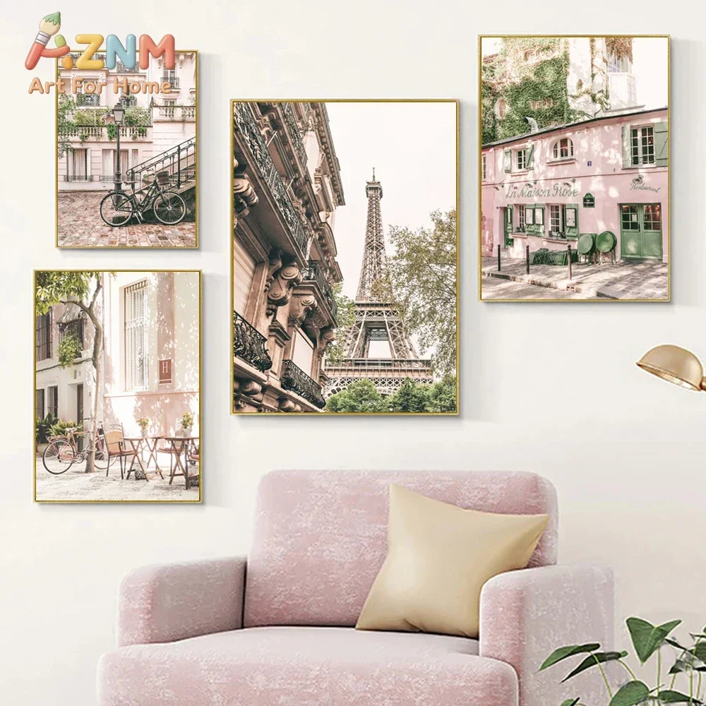 AZNM Pastel Paris Canvas Wall Art Eiffel Tower Pink European Street House Bicycle Landscape Print for Living Room Bedroom Home W