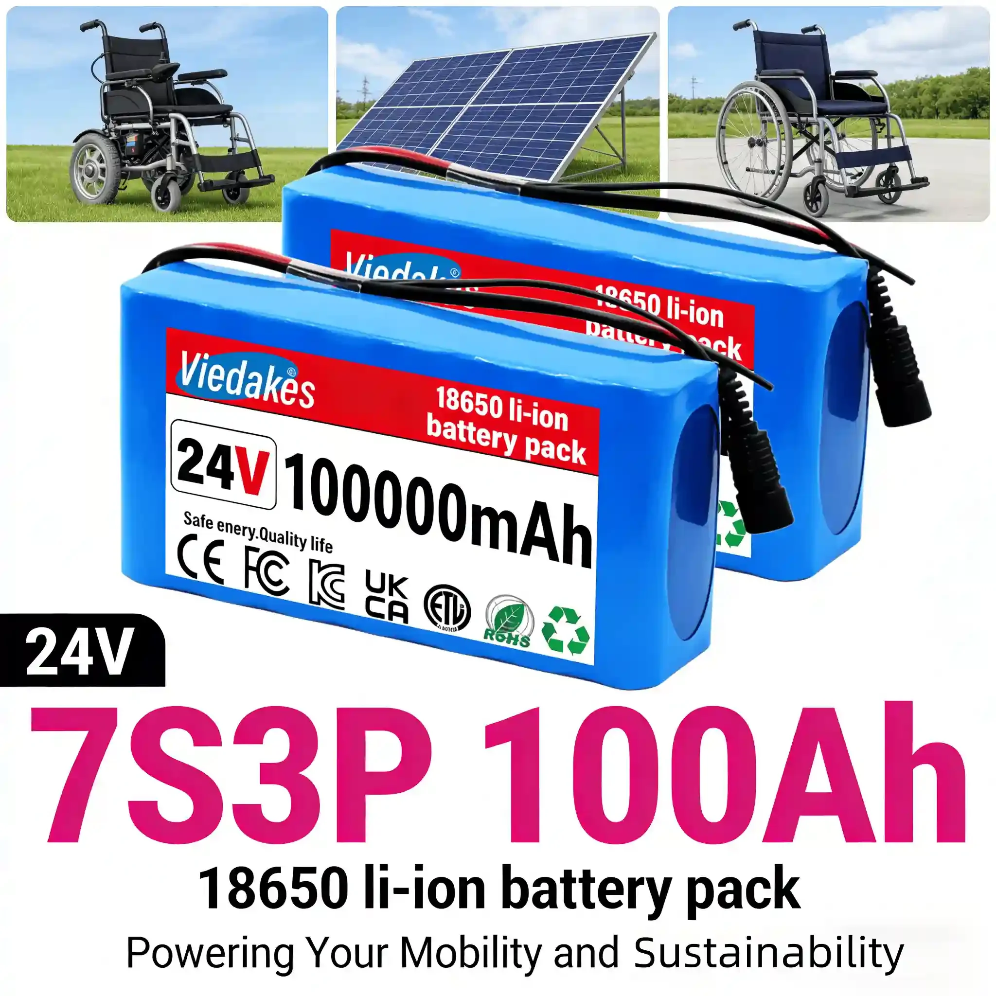 

Premium VIEDAKES 24V 7S3P 18650 Battery, 10Ah Li-ion Pack for Electric Wheelchair, Daily Mobility