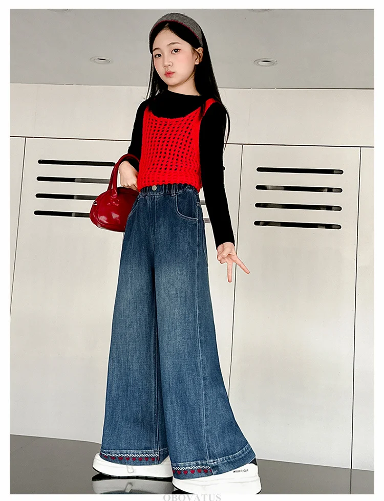 Herbstliche Kinder-Streetwear: Weite Jeans mit Herzsaum für Teenager-Mädchen, Trendige Blaue Denim-Hosen, Lockere Kinderhosen – Detail 6